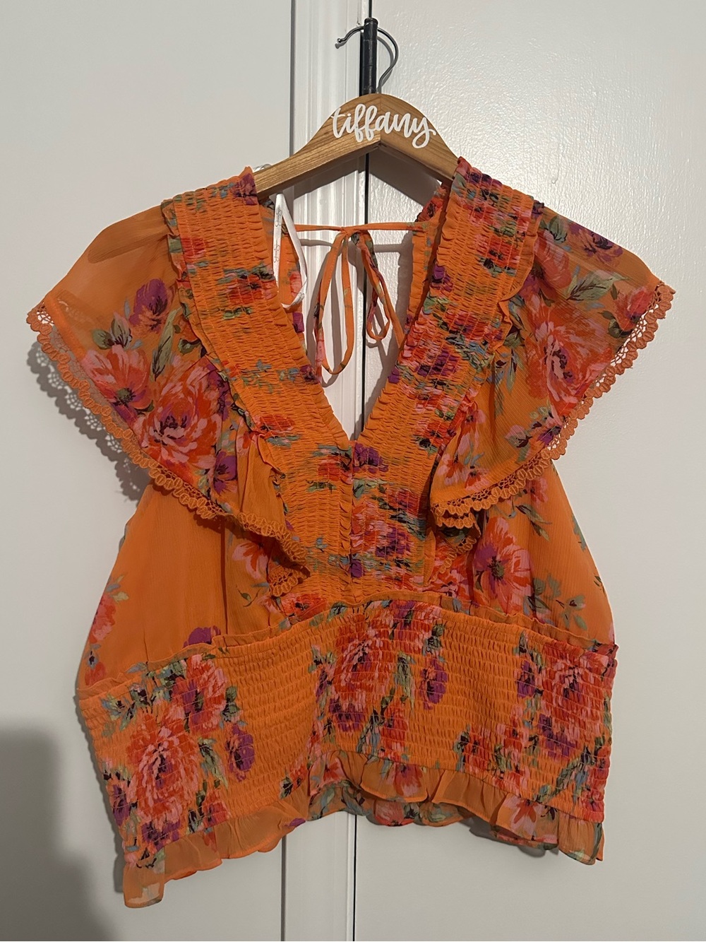 Jessica Simpson Orange Floral Smocked Flutter Sleeve Top